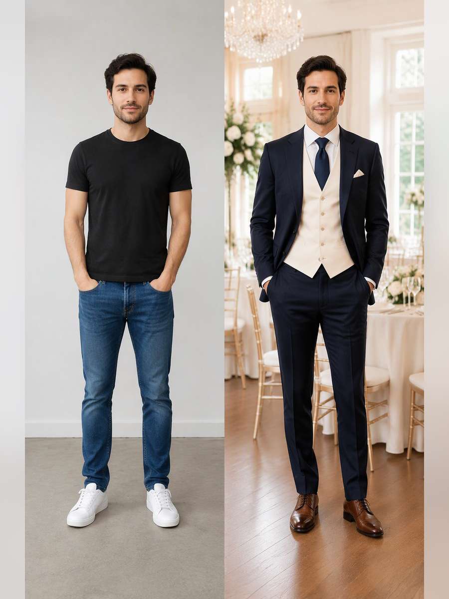 Cream Waistcoat Contrast — illustrative image-to-image before and after