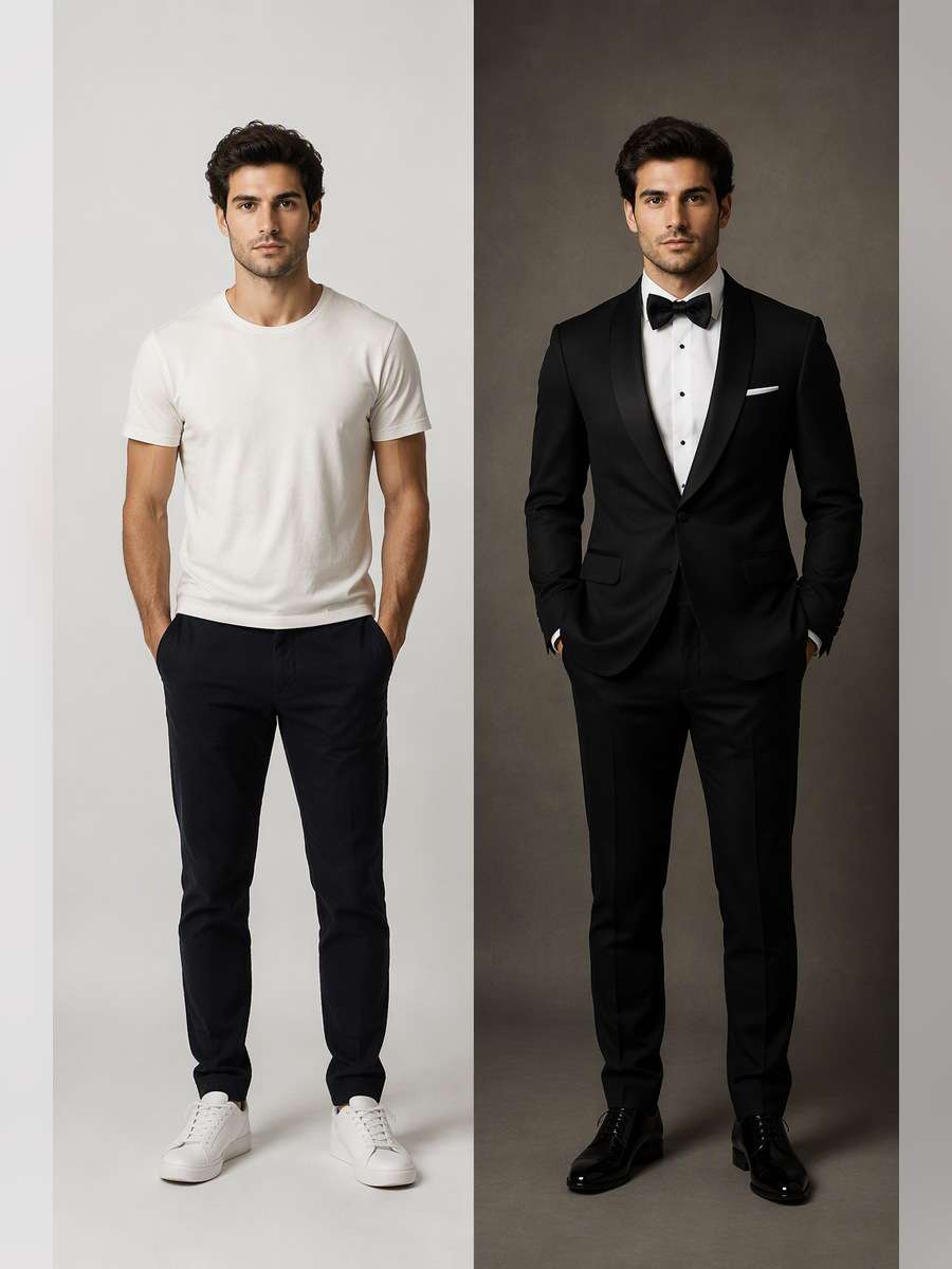 Classic Black Shawl Lapel — illustrative image-to-image before and after