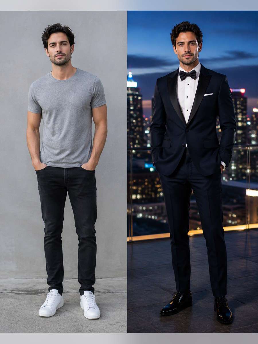 Rooftop Gala Twilight — illustrative image-to-image before and after