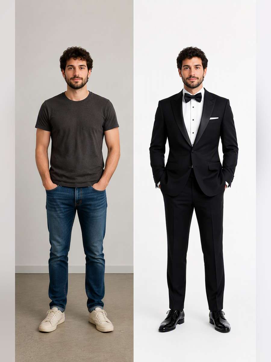 Minimal White-Seamless Formal — illustrative image-to-image before and after