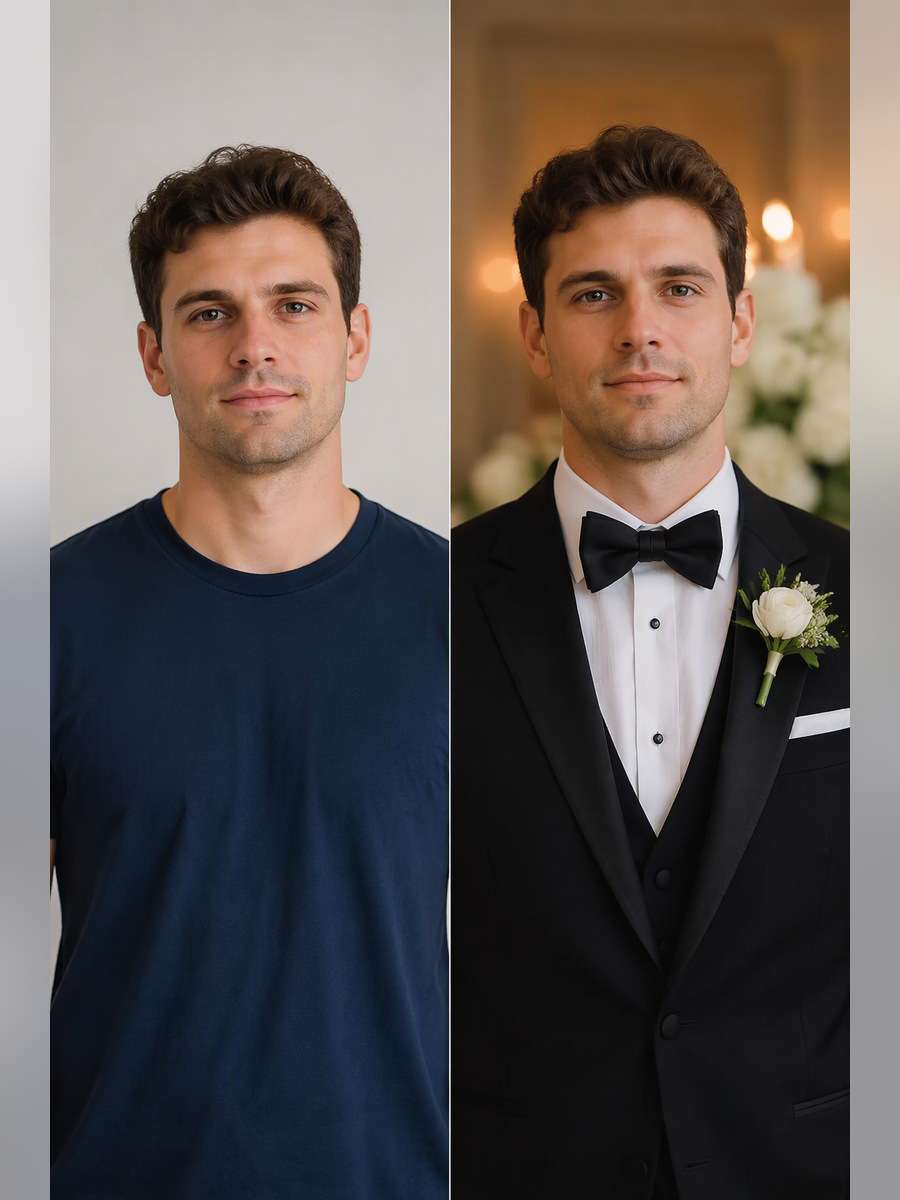 Boutonniere Close Portrait — illustrative image-to-image before and after
