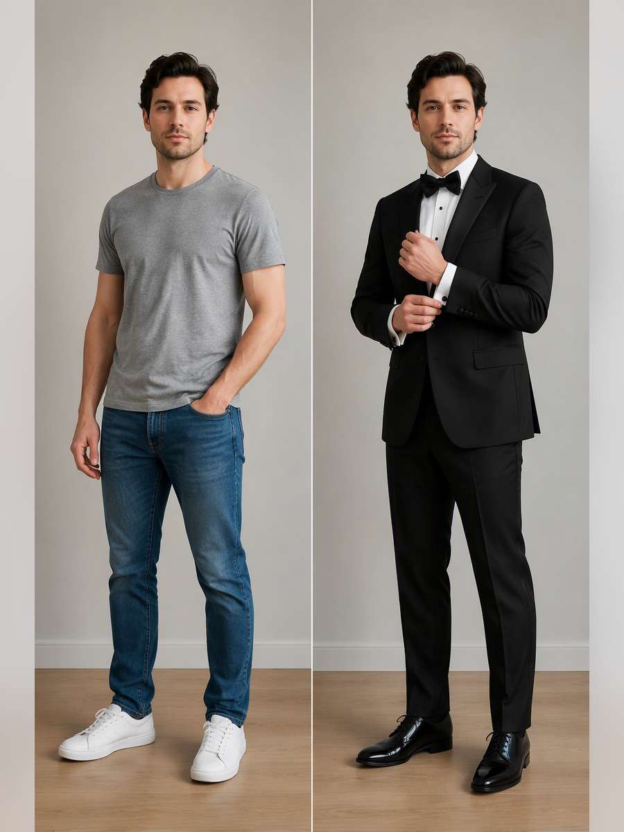 Three-Quarter Formal Pose — illustrative image-to-image before and after