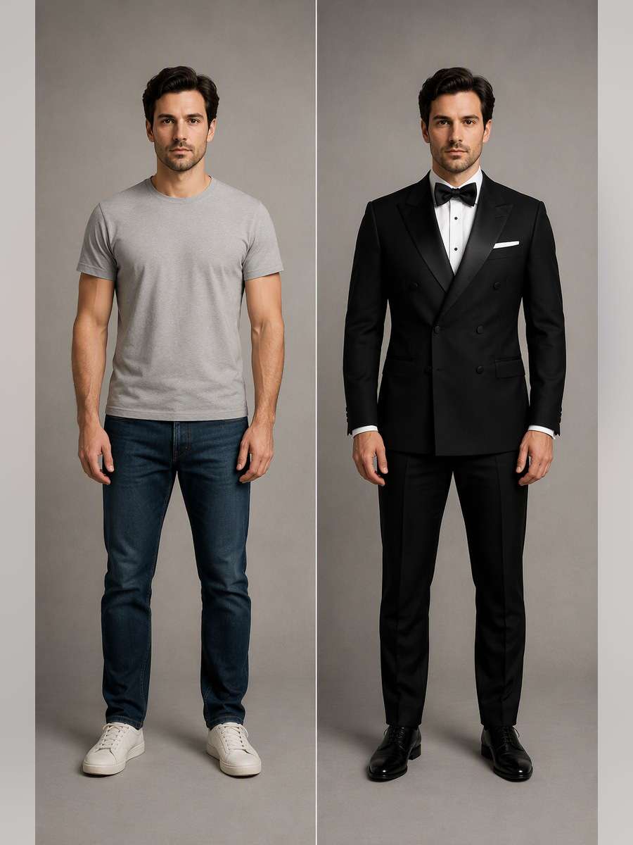 Double-Breasted Tuxedo — illustrative image-to-image before and after