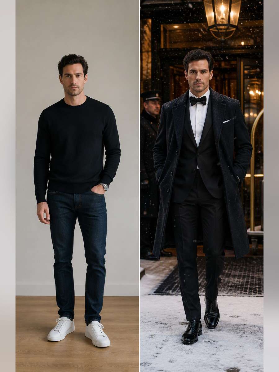 Formal Winter Hotel — illustrative image-to-image before and after