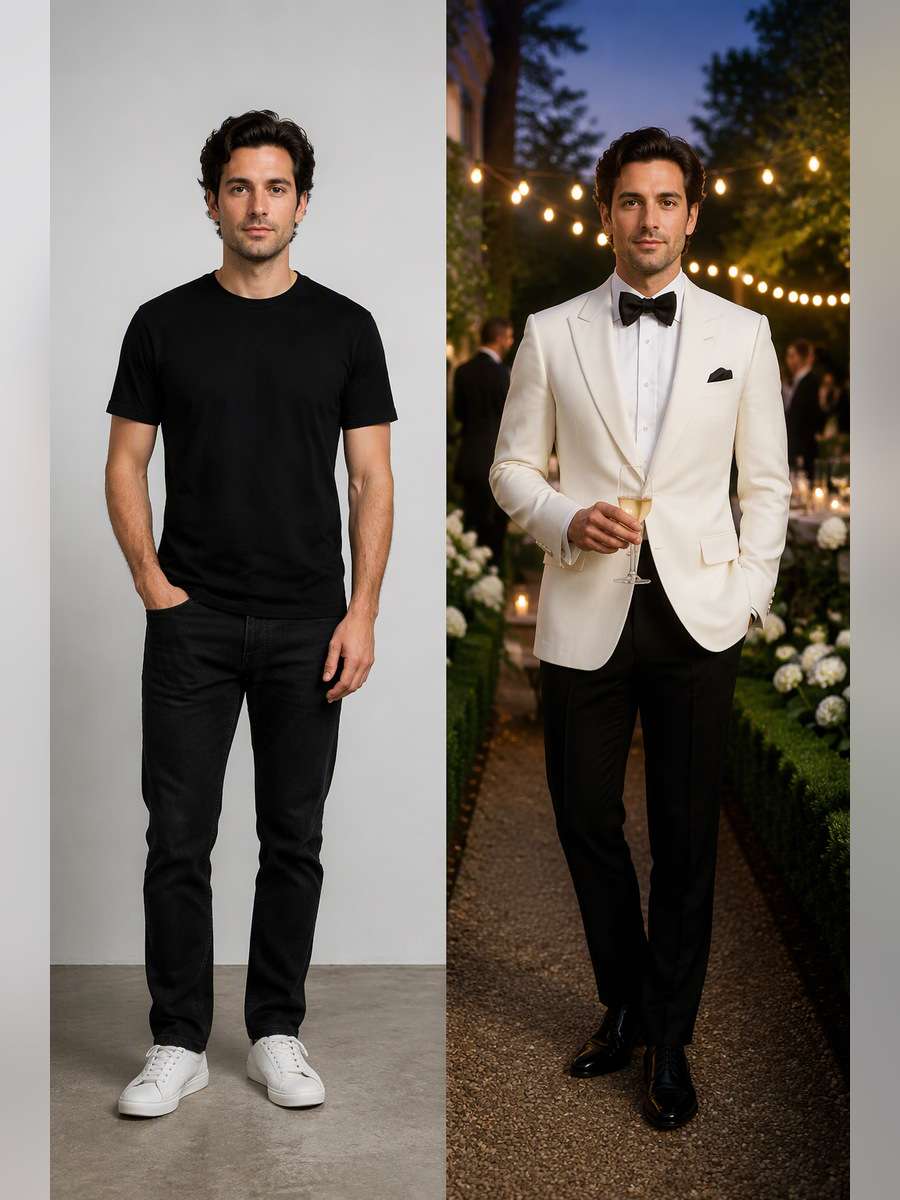 Summer Garden Black Tie — illustrative image-to-image before and after