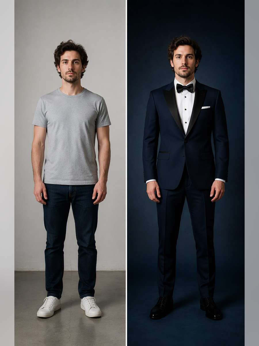 Midnight Blue Peak Lapel — illustrative image-to-image before and after