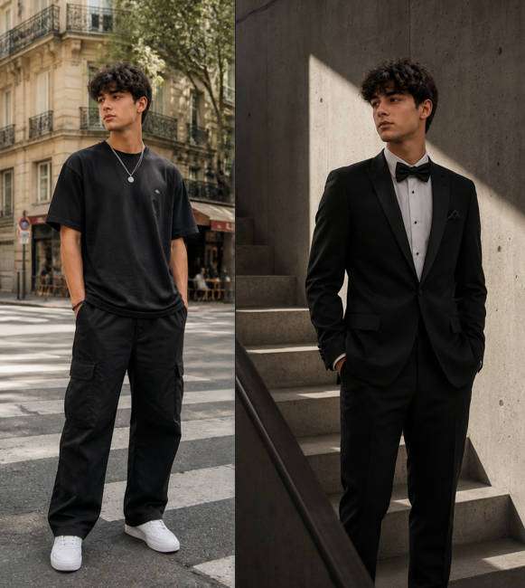 Editorial Stairwell Portrait — illustrative image-to-image before and after