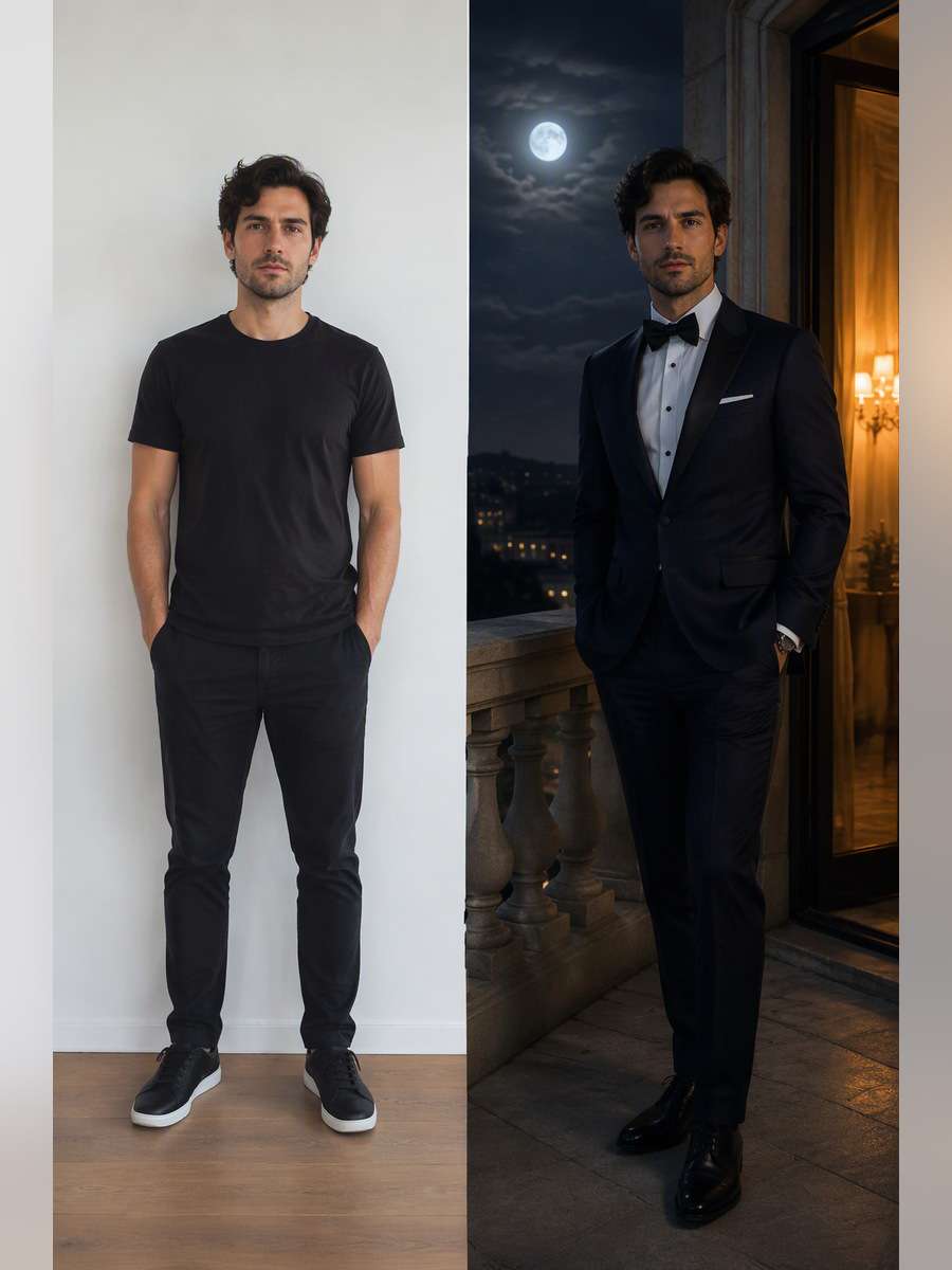 Midnight Formal Balcony — illustrative image-to-image before and after