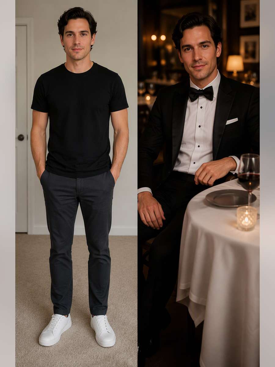 Black Tie Anniversary Dinner — illustrative image-to-image before and after
