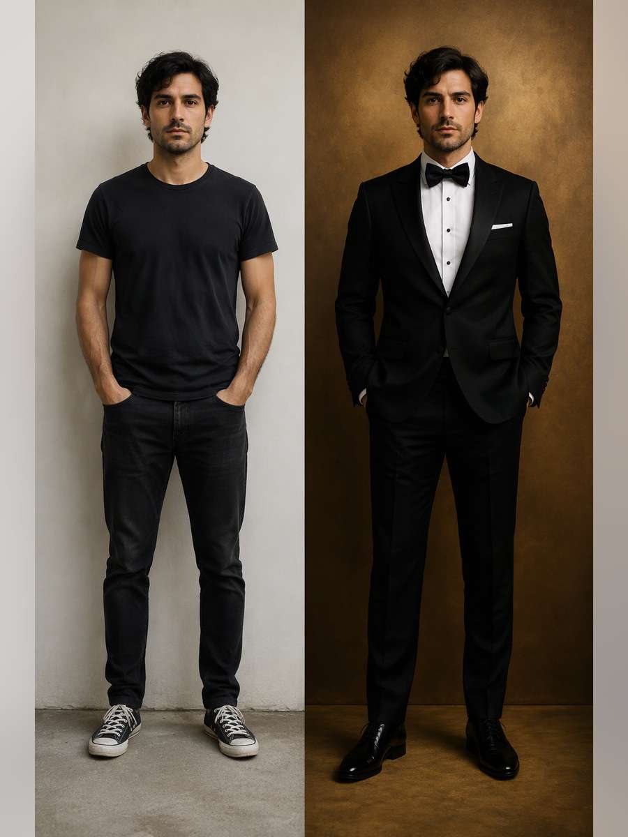 Formal Close Portrait Against Bronze — illustrative image-to-image before and after