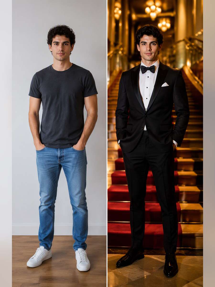 Gala Staircase Arrival — illustrative image-to-image before and after