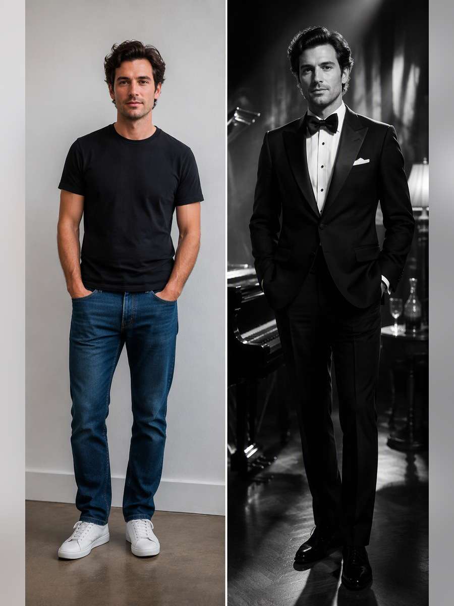 Old Hollywood Monochrome — illustrative image-to-image before and after