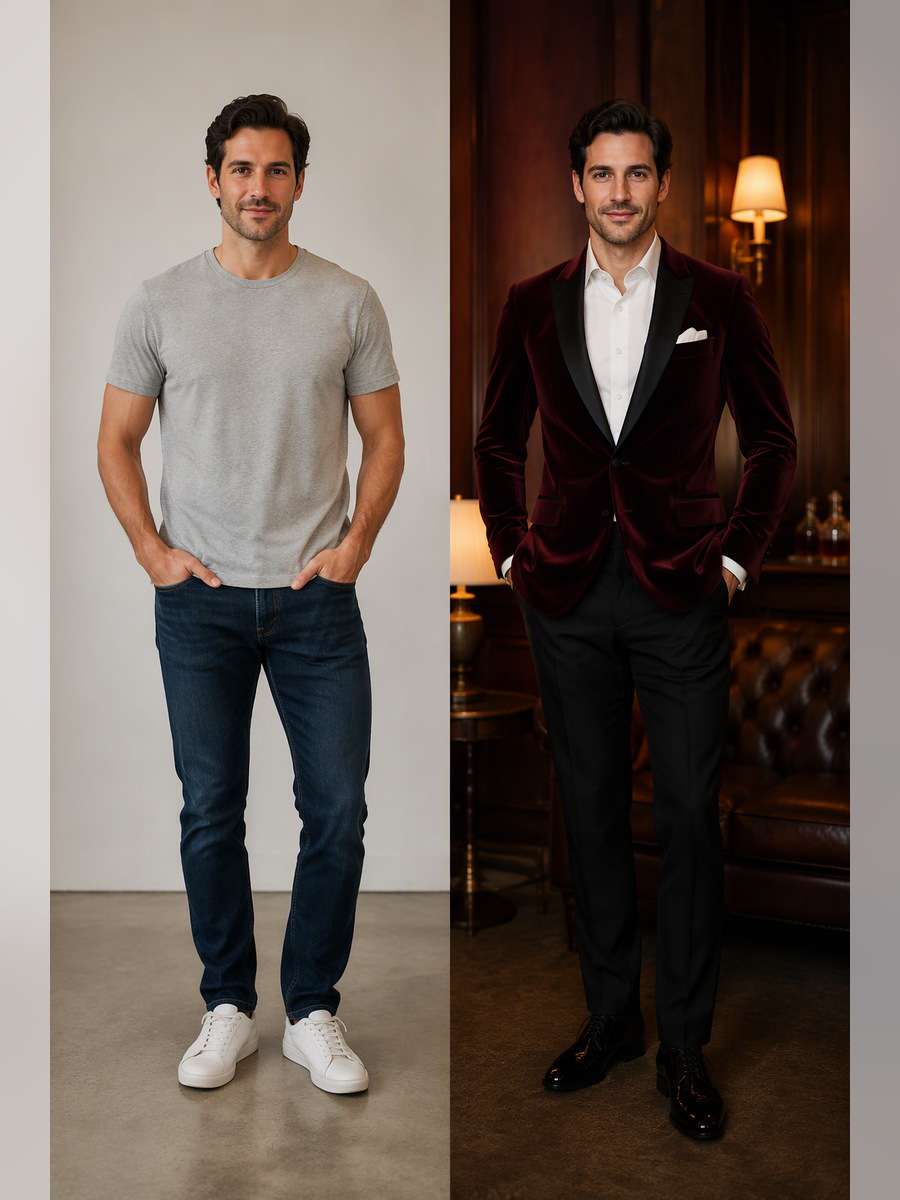 Velvet Burgundy Dinner Jacket — illustrative image-to-image before and after
