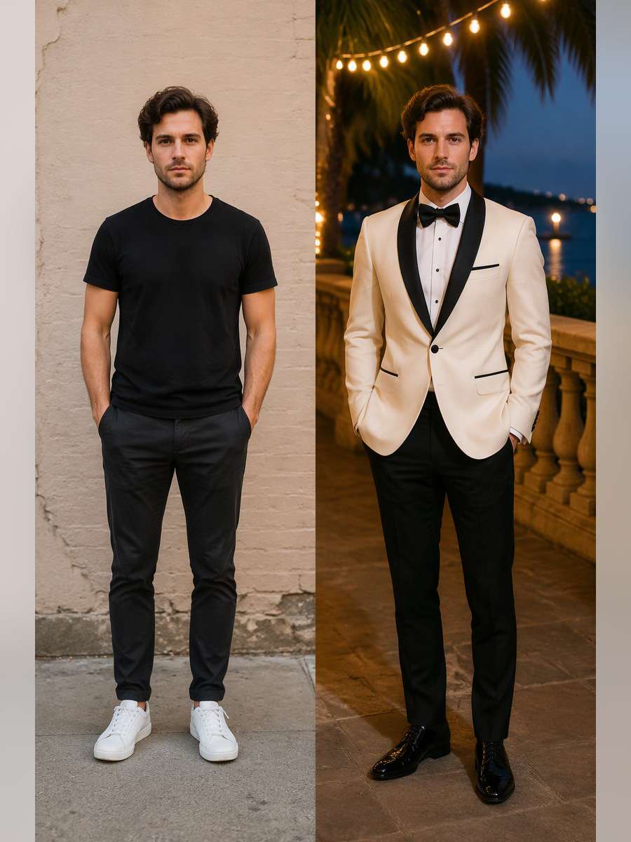Ivory Dinner Jacket Portrait — illustrative image-to-image before and after