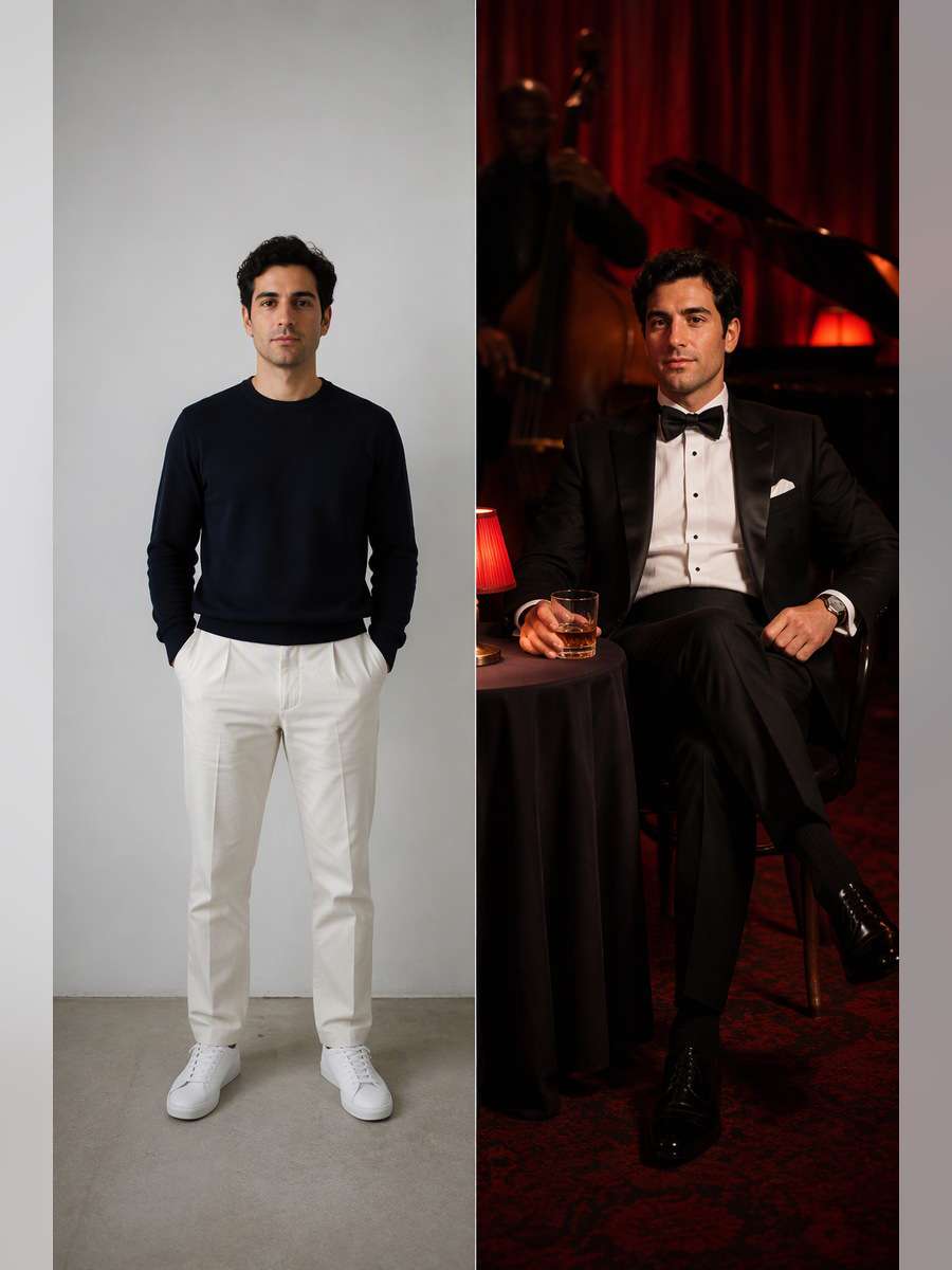 Black Tie at a Jazz Lounge — illustrative image-to-image before and after
