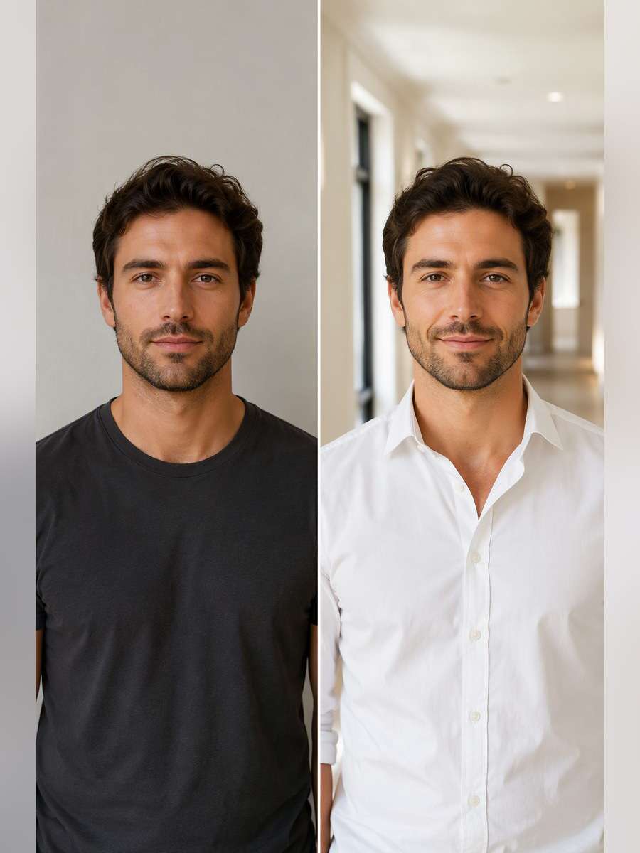 Bright Hallway Portrait - illustrative image-to-image before and after