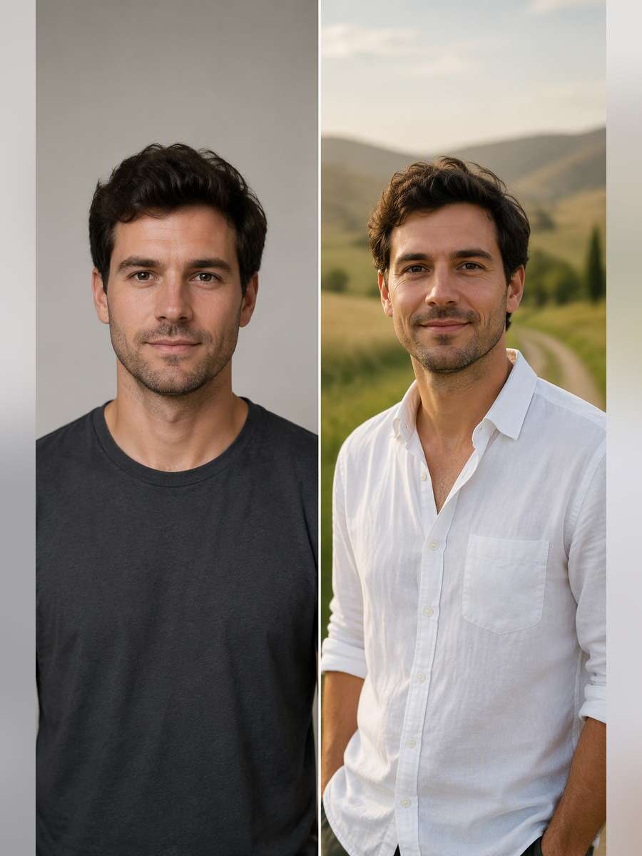 Countryside White Shirt Portrait - illustrative image-to-image before and after