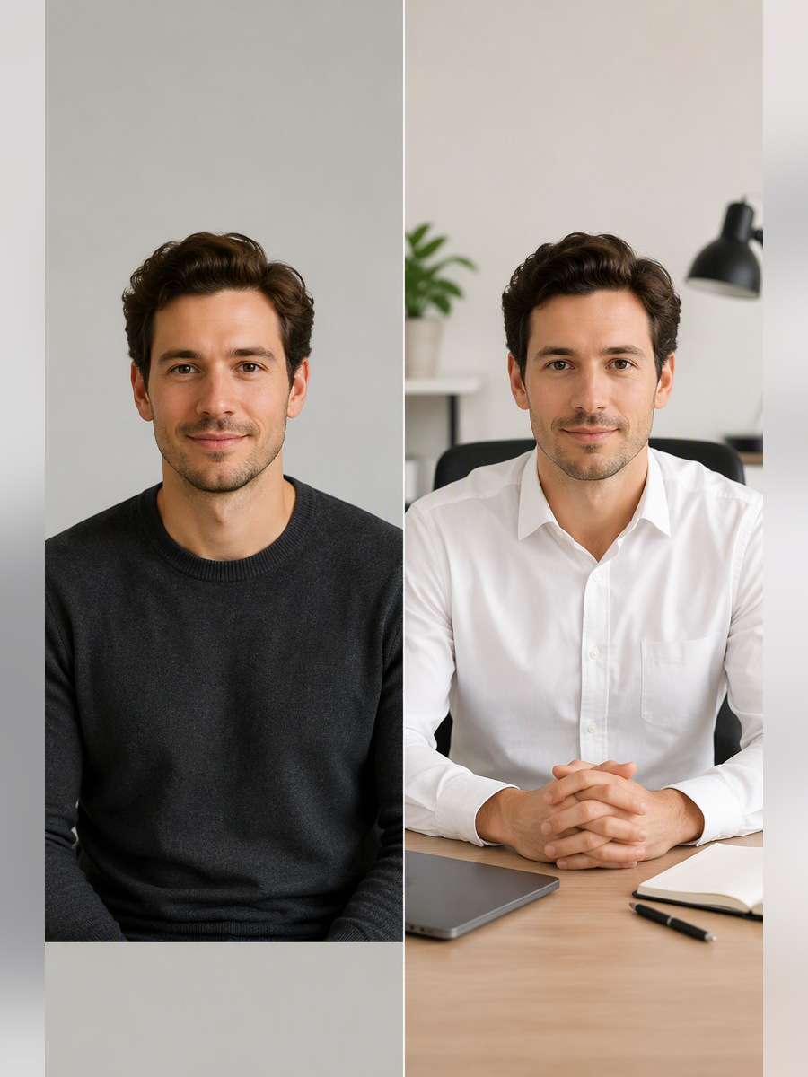 Desk Portrait With White Shirt - illustrative image-to-image before and after
