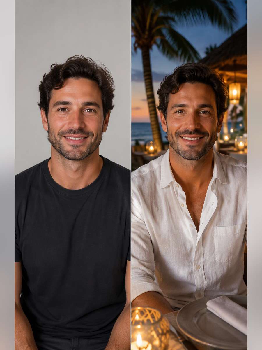 Vacation Dinner White Shirt - illustrative image-to-image before and after