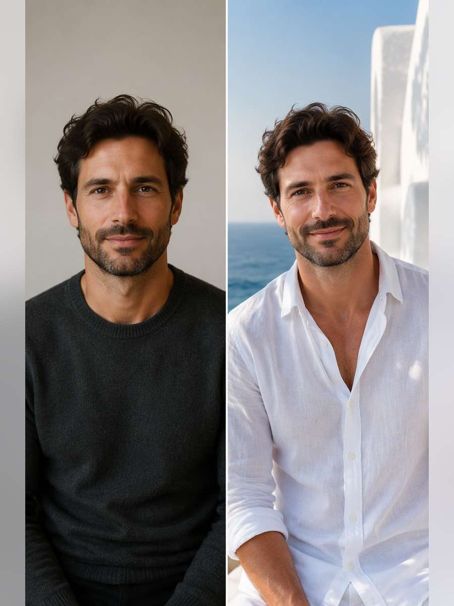 White Linen Summer Portrait - illustrative image-to-image before and after