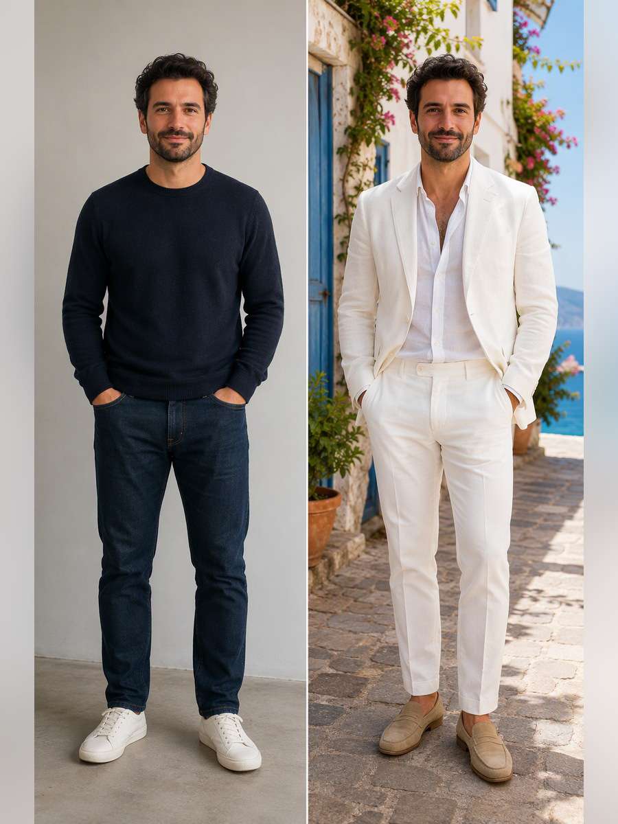 Mediterranean Vacation Look - illustrative image-to-image before and after