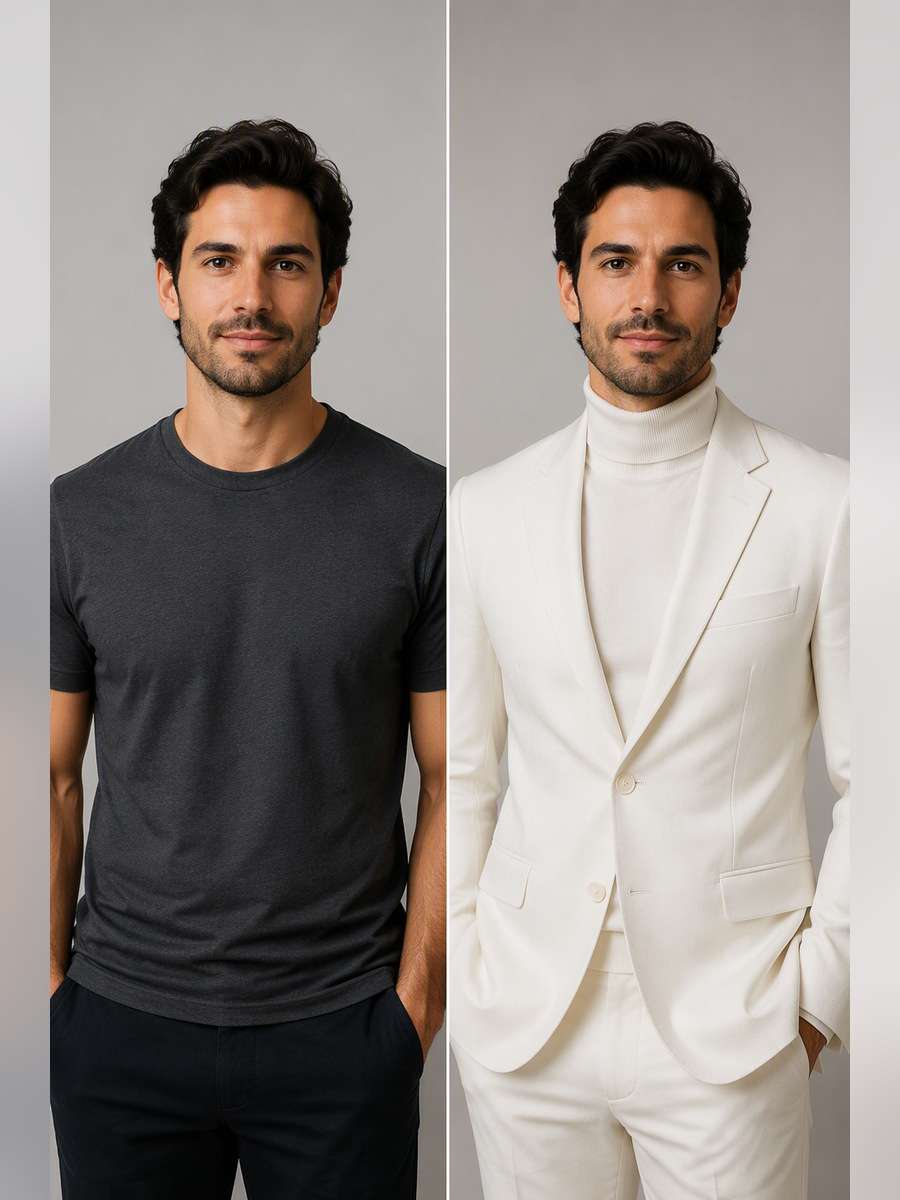White Suit With Turtleneck - illustrative image-to-image before and after