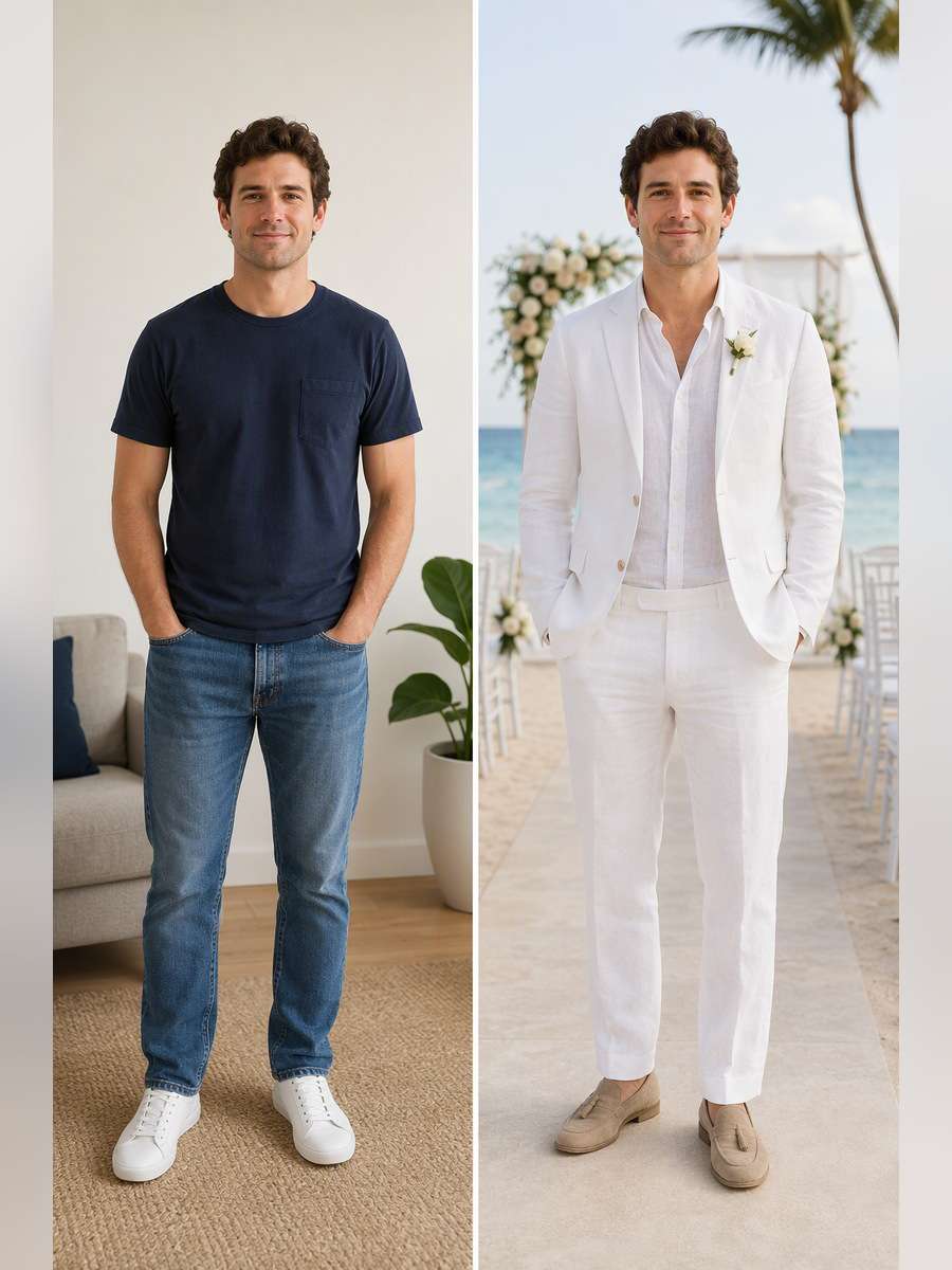 Beach Wedding Guest - illustrative image-to-image before and after