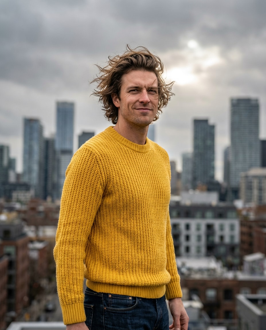 rooftop wind portrait photo
