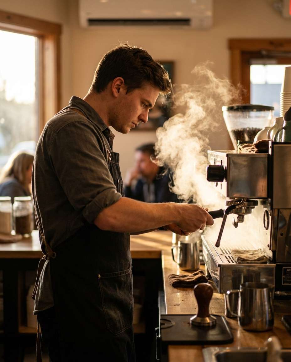 barista behind counter photo