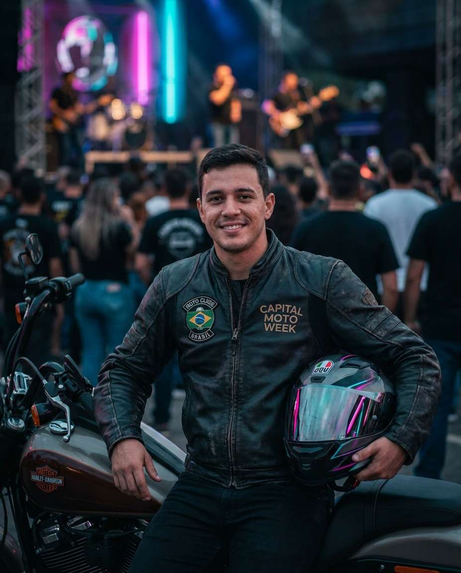 retrato com neon no palco do Capital Moto Week