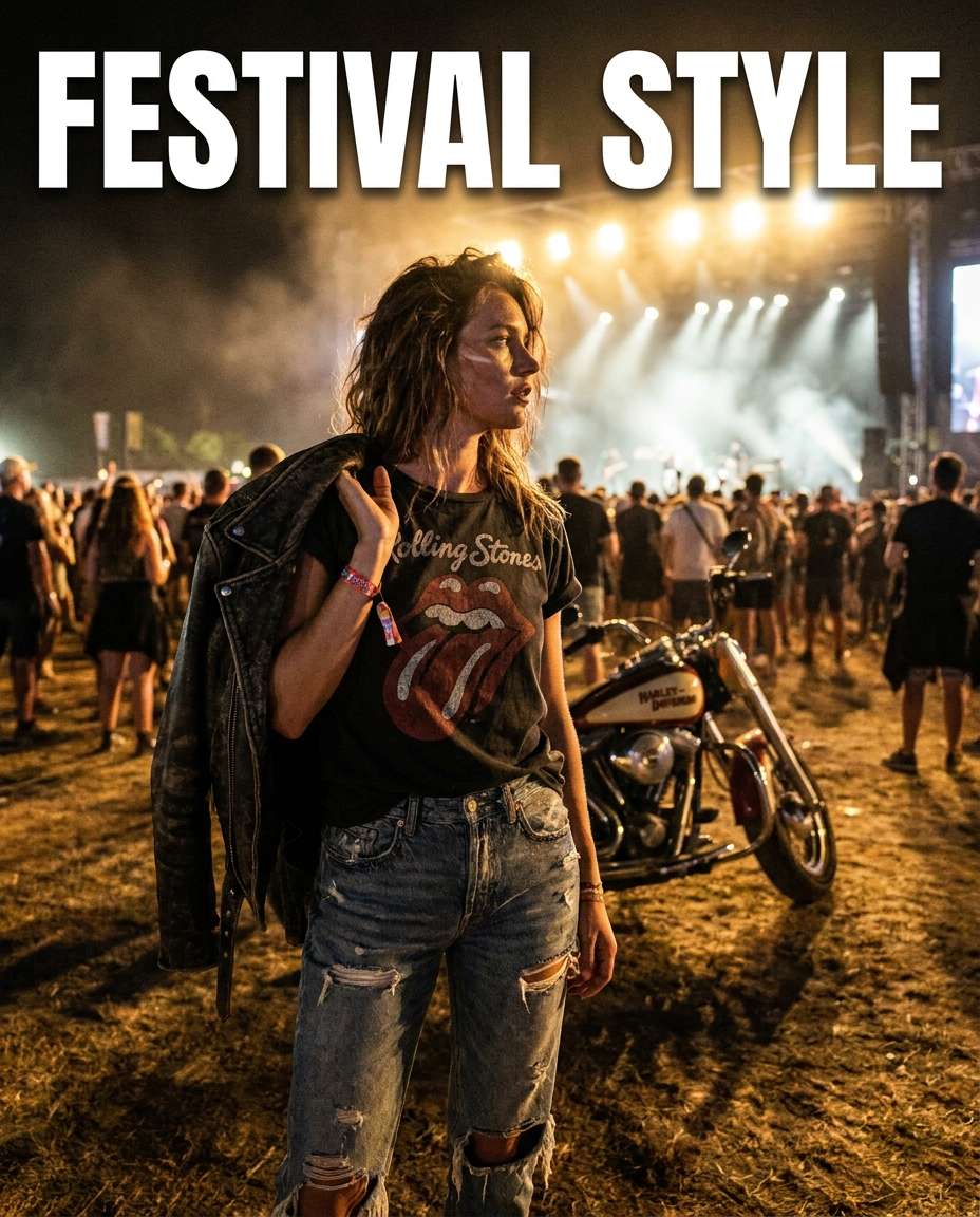 editorial com camiseta de banda e moto