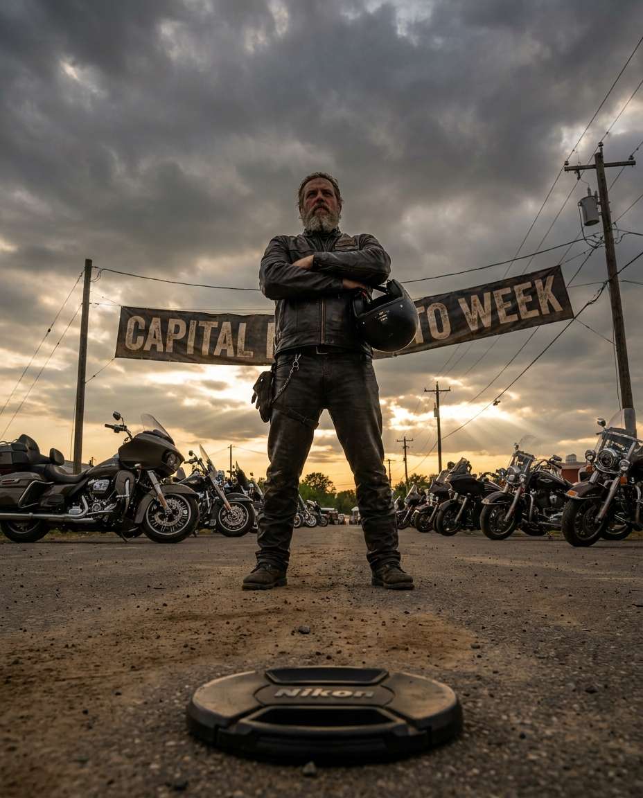 retrato heroico de motociclista em ângulo baixo