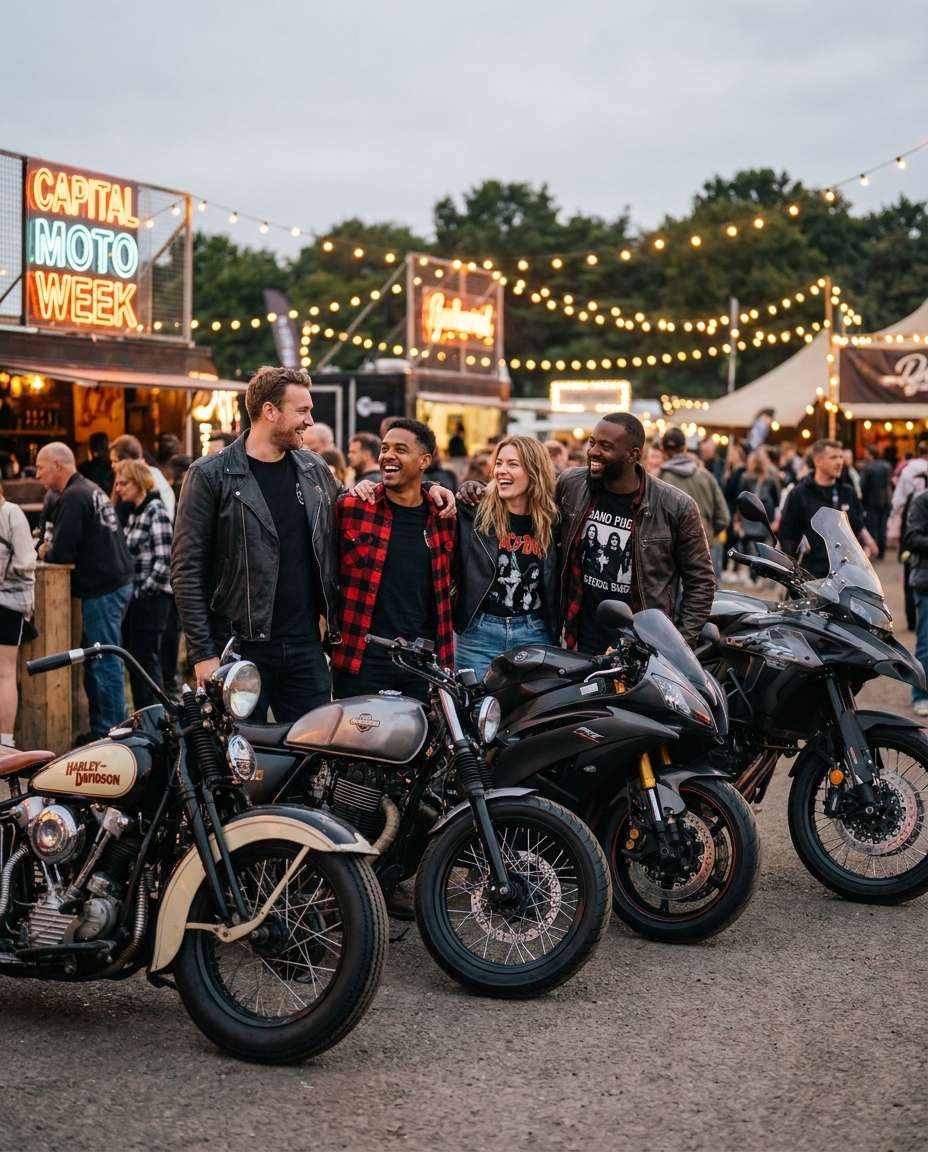 grupo de amigos com motos no festival