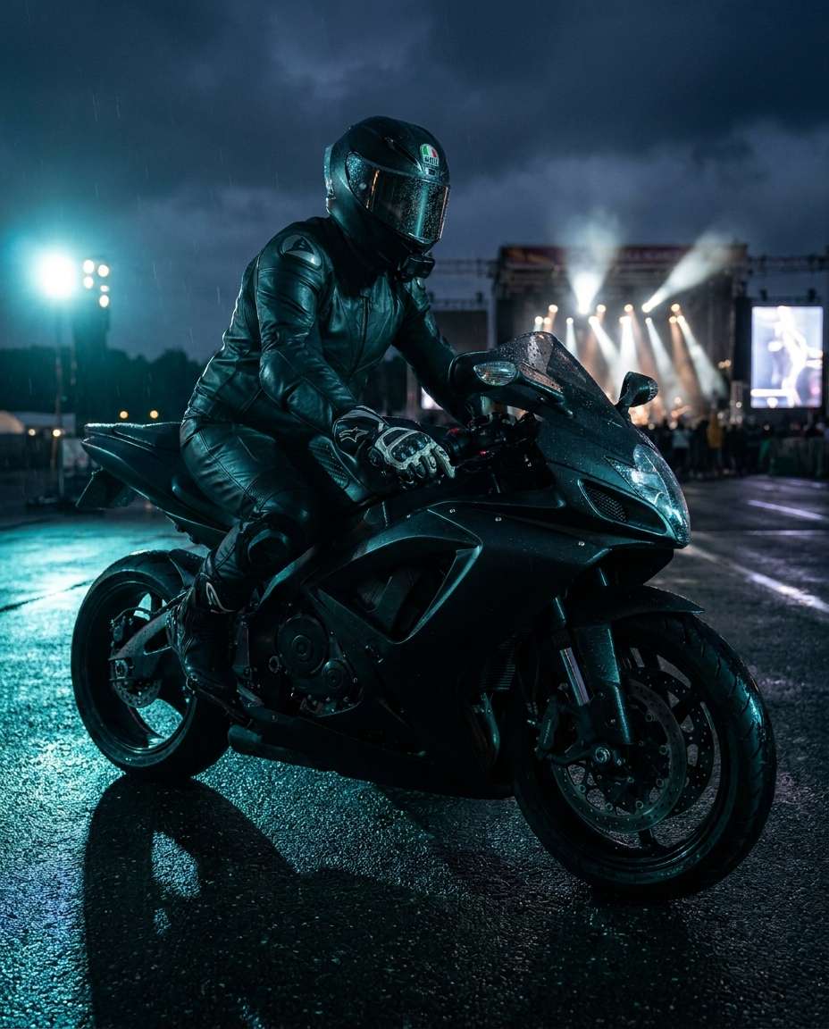motociclista em moto preta cinematográfica