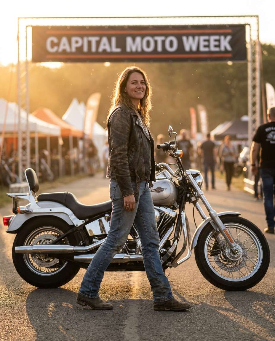 foto com moto no asfalto durante a hora dourada