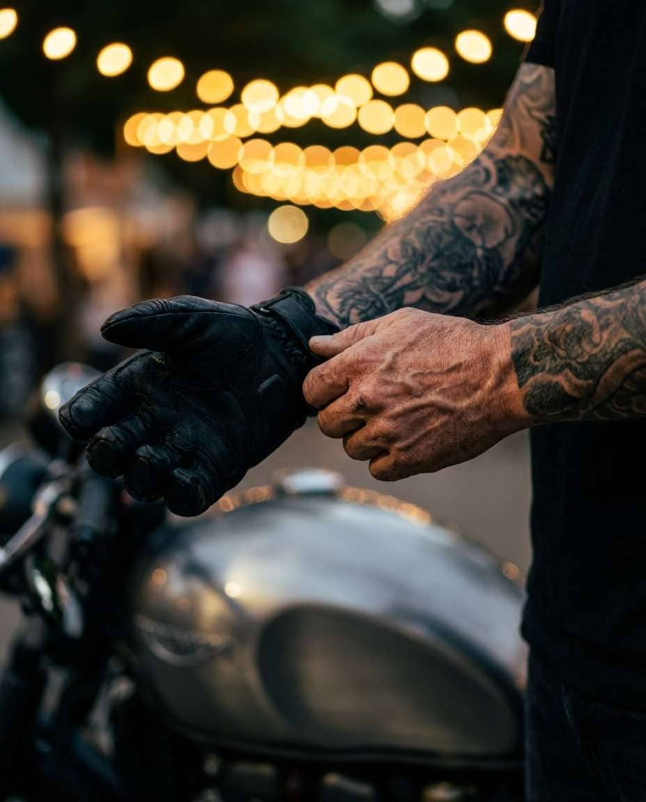 tatuagens e luvas de motociclista em close-up