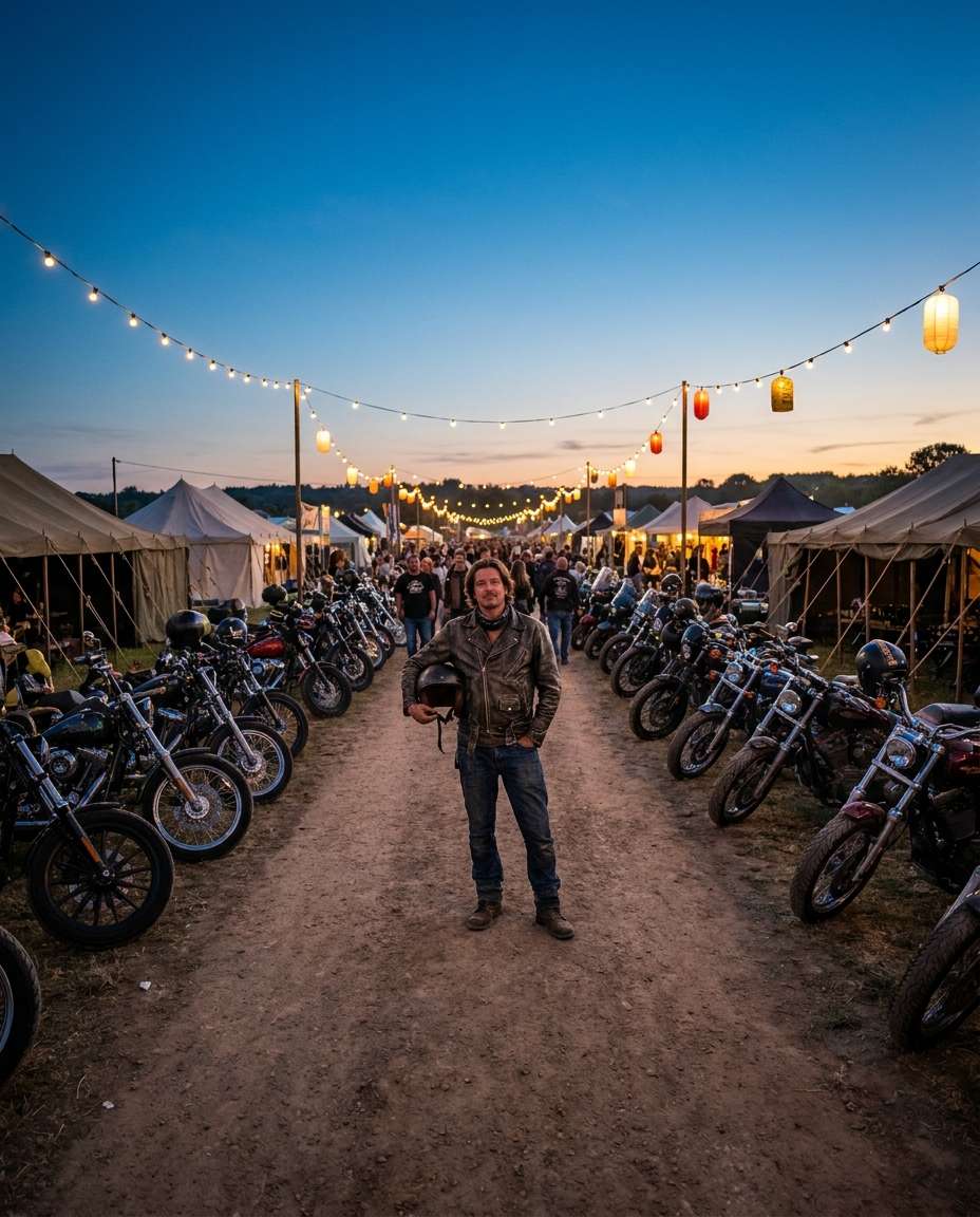 motociclista na avenida do festival em plano aberto