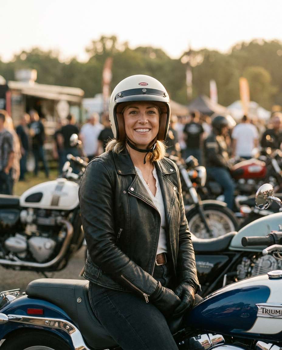 retrato de motociclista na hora dourada