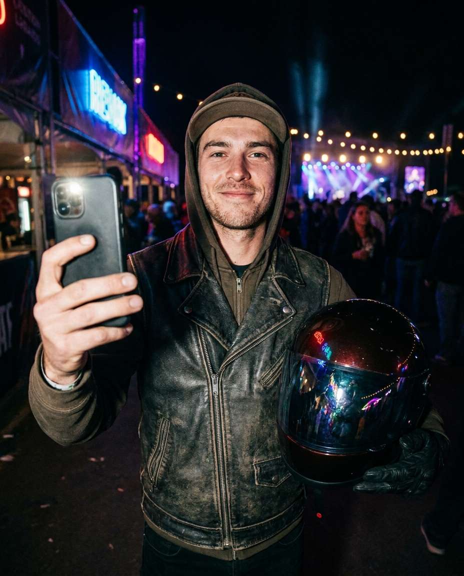 selfie com reflexo do palco no capacete