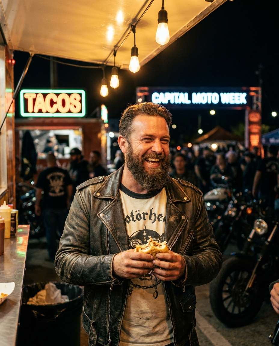 motociclista sob a luz de um food truck