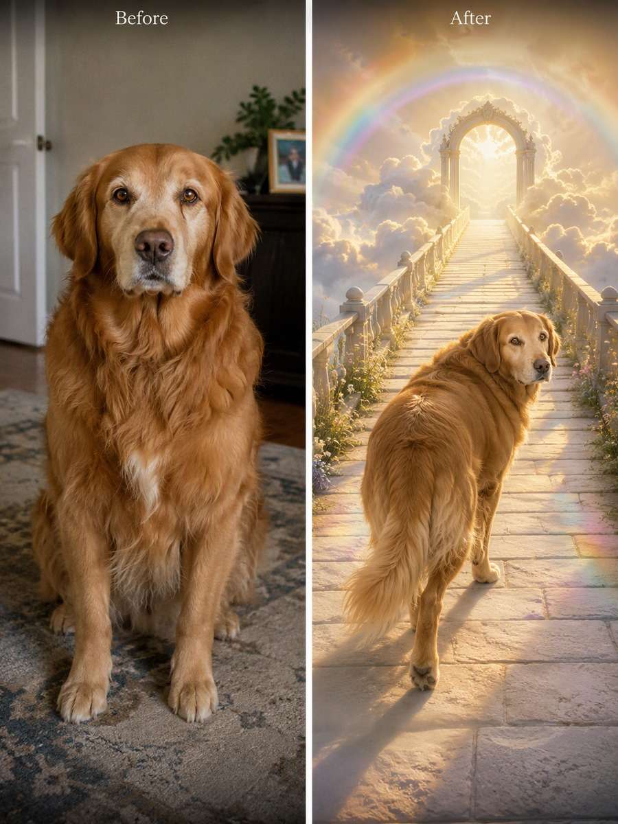 Across the Rainbow Bridge: A Gentle Look Back: reference Before and AI-created remembrance After