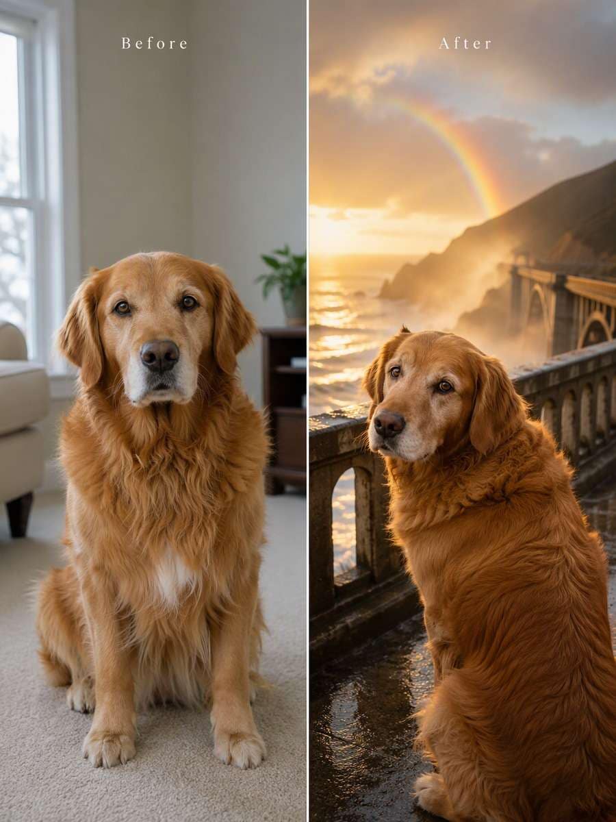 Rainbow Bridge by the Sea: reference Before and AI-created remembrance After