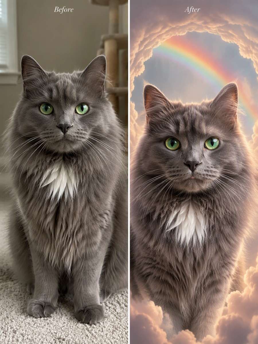 Pale Rainbow Arch Portrait: reference Before and AI-created remembrance After