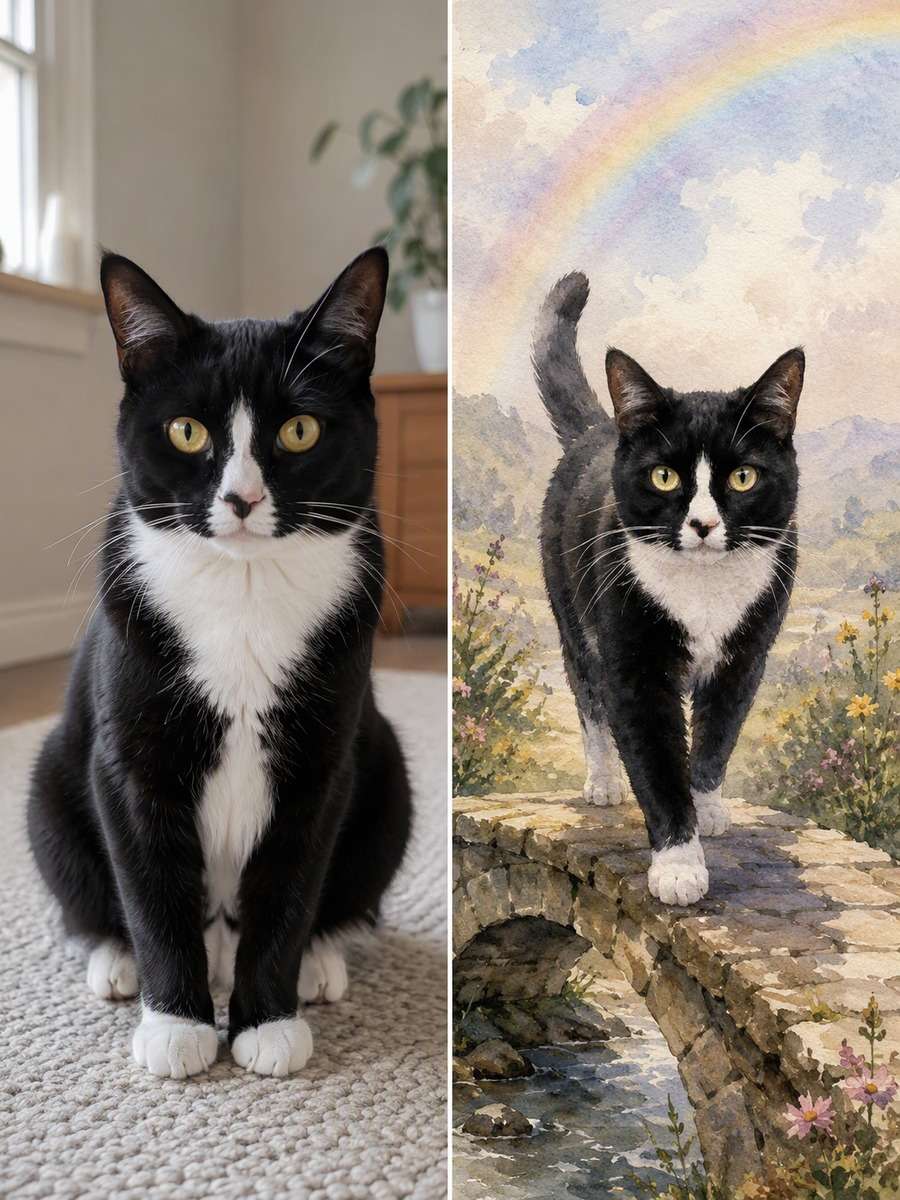 Watercolor Rainbow Journey: reference Before and AI-created remembrance After