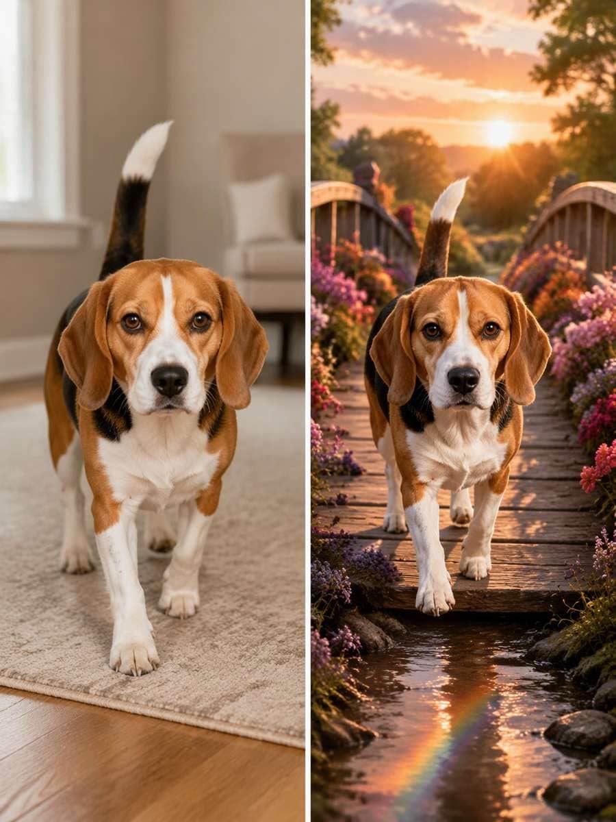Rainbow Garden Welcome: reference Before and AI-created remembrance After