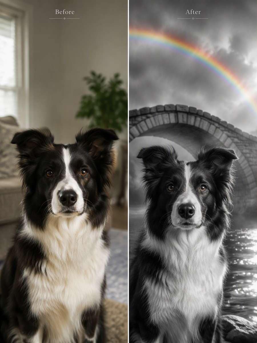 Monochrome Rainbow Bridge: reference Before and AI-created remembrance After