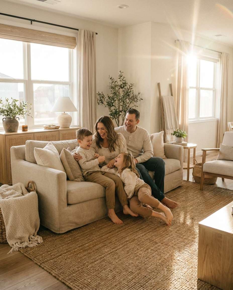 family in sunlit living photo