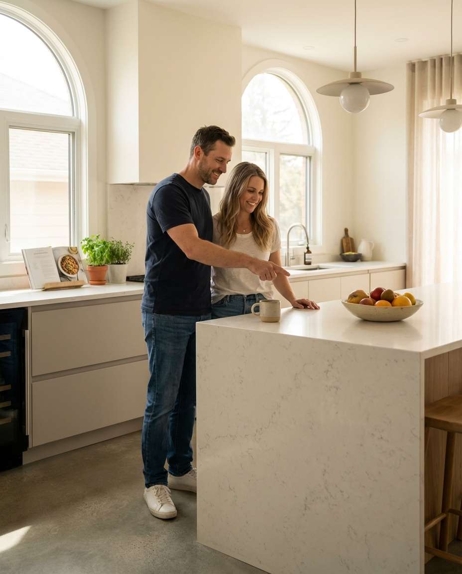 couple viewing kitchen photo