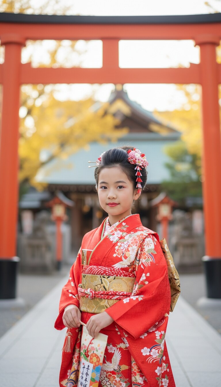 神社背景をきれいに整える七五三フォト加工