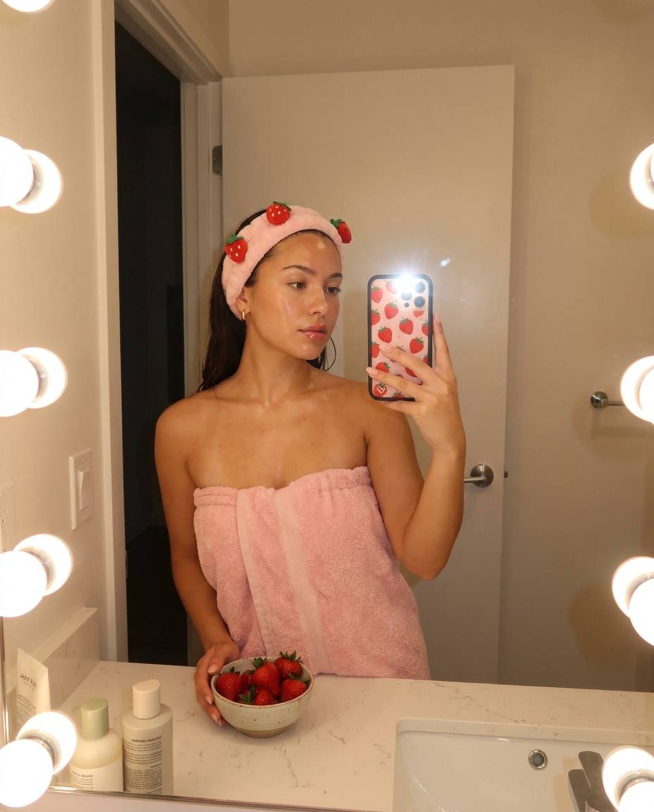 pink bathroom mirror selfie photo